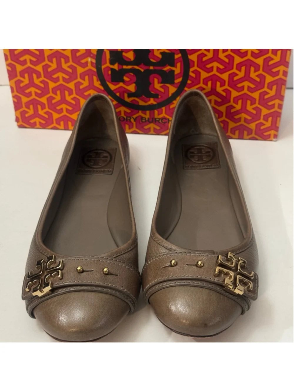 Tory Burch Reva Metallic Taupe Leather Logo Ballet Flats Gold Hardware 9.5M